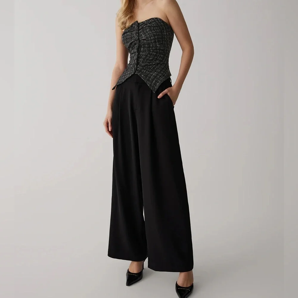 Commense Tweed Button Ruched Tube Top - Picture 4 of 6